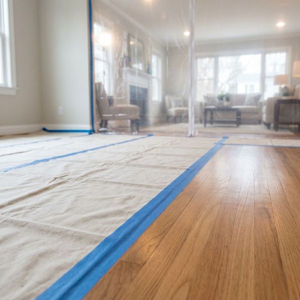 Hardwood floors protected with canvas drop cloths and a zipper-sealed plastic dust barrier wall during a home renovation.