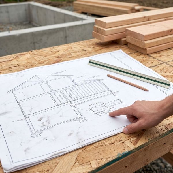 A close-up of a contractor pointing at detailed structural blueprint plans on a wooden jobsite table next to a new concrete foundation.