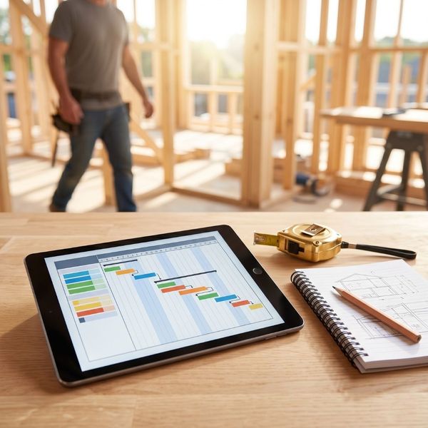 A digital tablet showing a clean construction project timeline schedule next to architectural blueprints and a tape measure on a wooden desk.