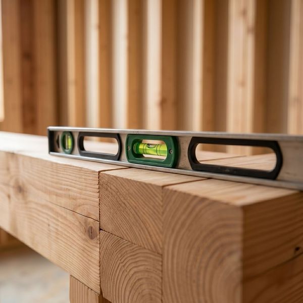 A metal spirit level resting on a massive wood timber beam with the level bubble perfectly centered on an active framing site.