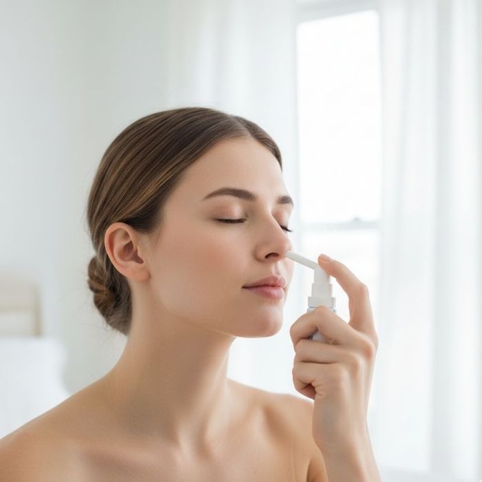 A serene woman with her eyes closed gently applies a nasal spray, her hand steady and focused
