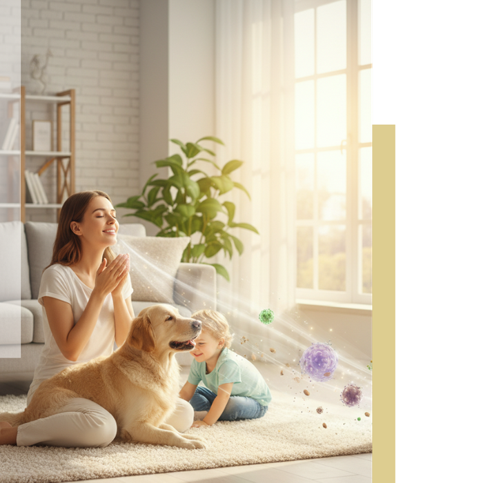 woman breathing in air in living room with dog and child