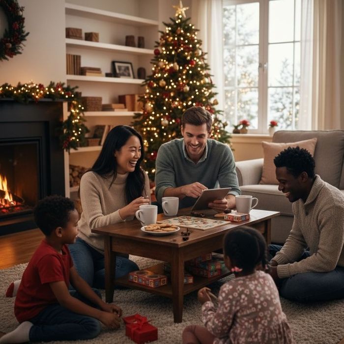 family plays a board game in a festively decorated living room with a Christmas tree and fireplace