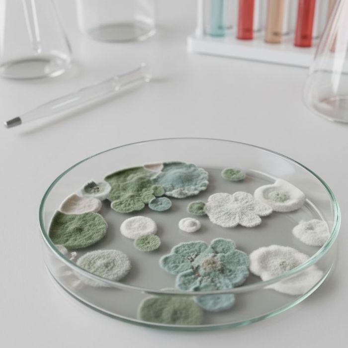 A clear petri dish on a white lab counter displays various colonies of green and white mold