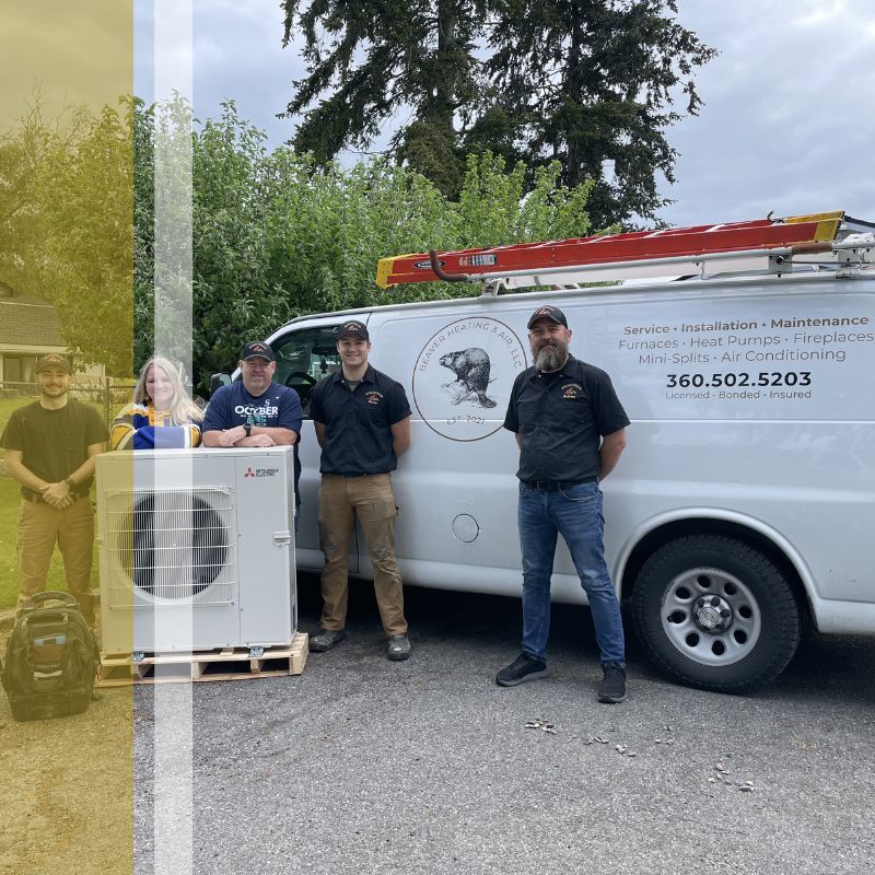 A team stands in front of a white service van next to a new air conditioning unit on a pallet. The van has company branding and a phone number. The team members are wearing work clothes and hats.
