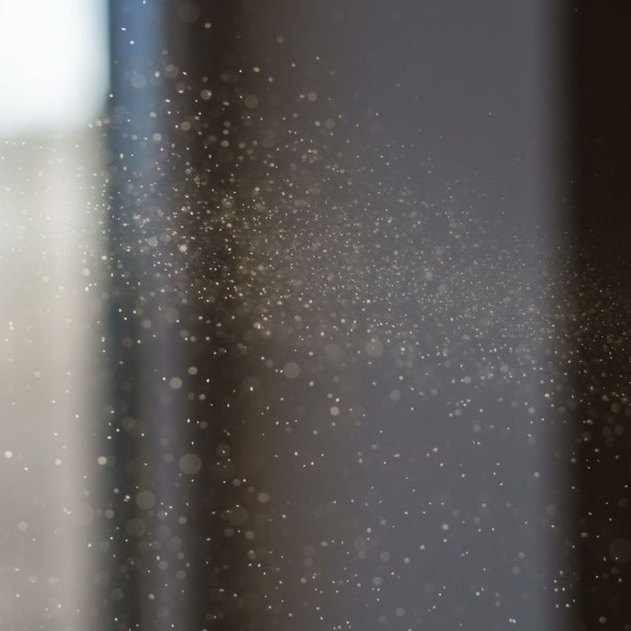 Numerous dust particles are visible, illuminated by a strong shaft of light against a dark, blurry background