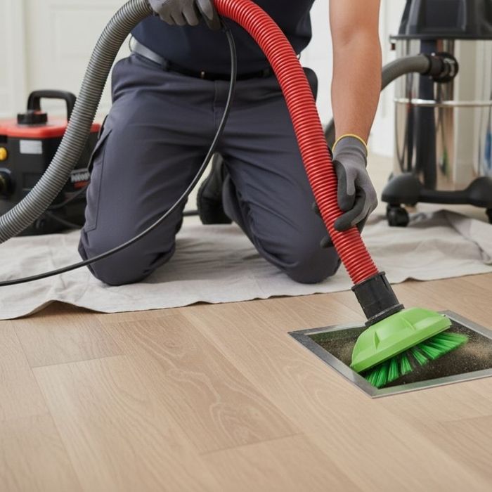 A professional technician, wearing gloves, kneels on a light wooden floor, using a specialized vacuum attachment to clean a floor vent
