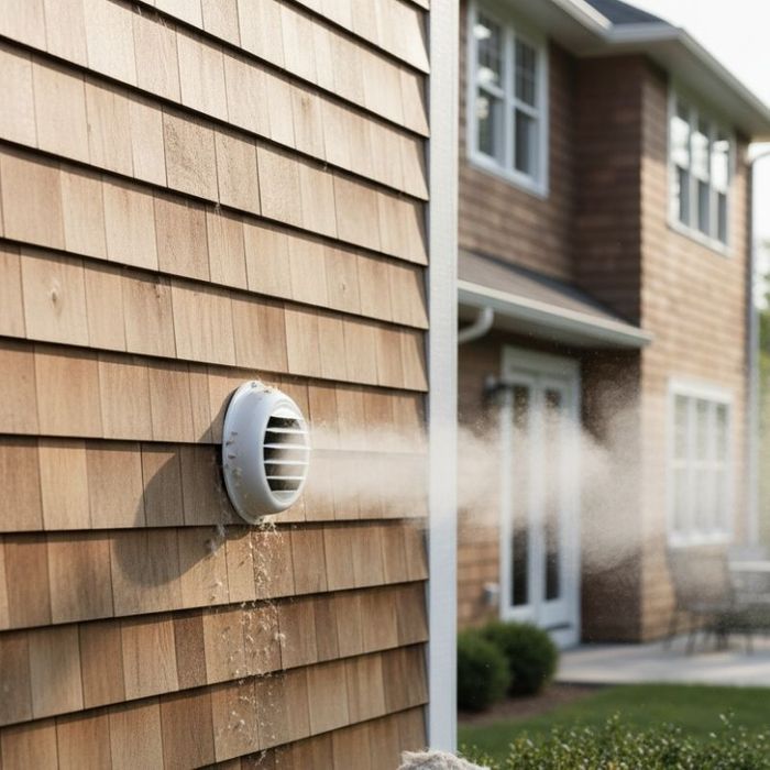 Exterior shot of house with visible dryer vent exhaust