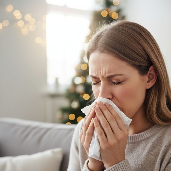 A woman with blonde hair in a cozy sweater sneezes into a tissue