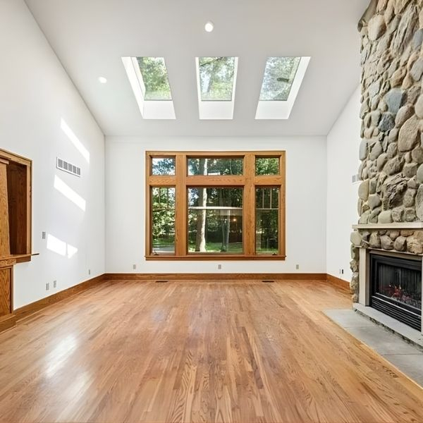 Freshly painting living room with white walls, large windows, and skylights.