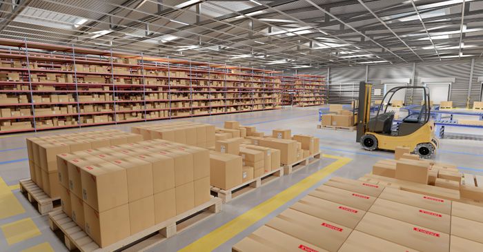 warehouse with shelves with boxes and a forklift