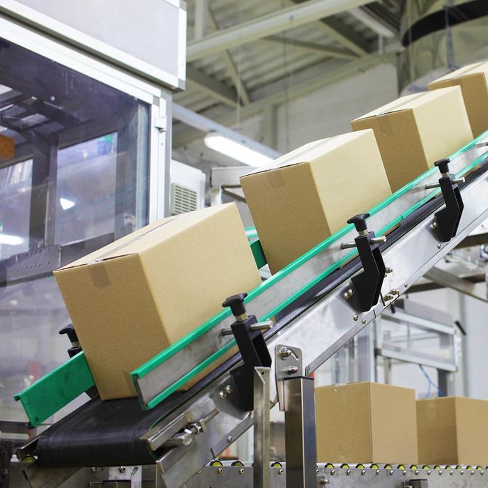 Boxes moving down a conveyor belt