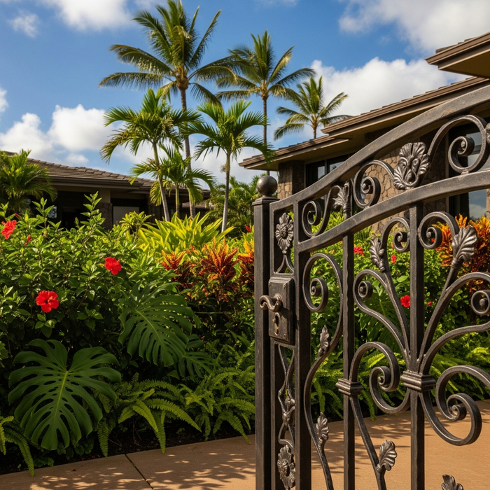 Close-up of a metal gate in Maui