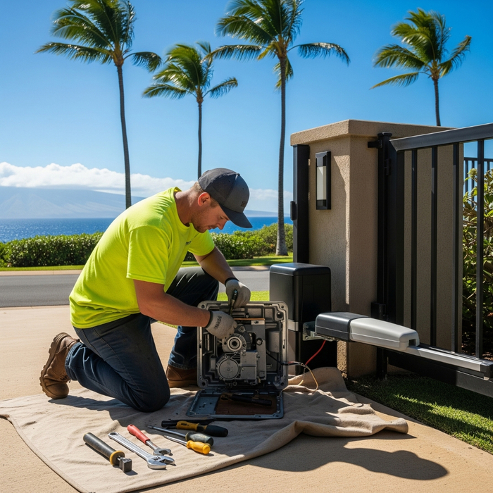 Technician repairing an automatic gate motor