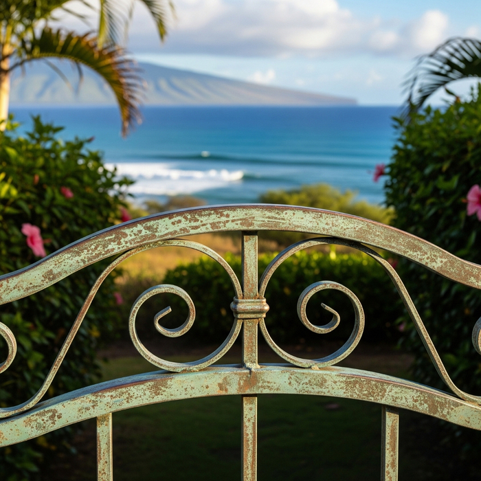 Close-up of a custom metal gate with powder-coated patina finish