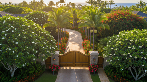 A beautiful gated property in Maui, tropical plants around, sunlight streaming over the gate