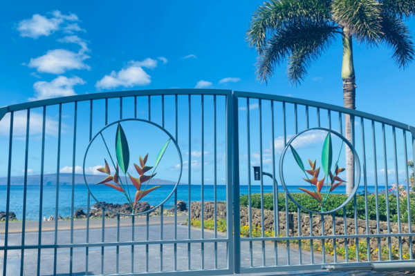 A gate with a floral design