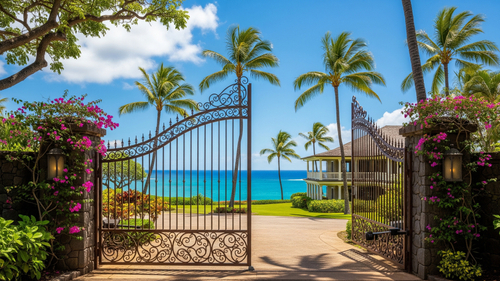 Wide shot of a security gate in front of a Hawaiian property