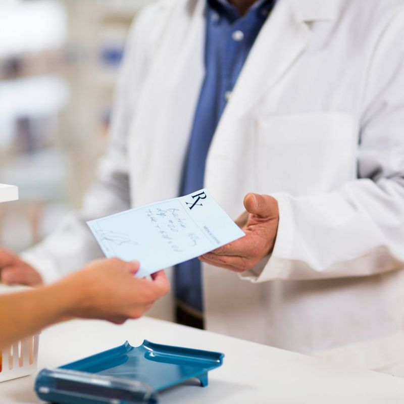 Person giving prescription to pharmacist