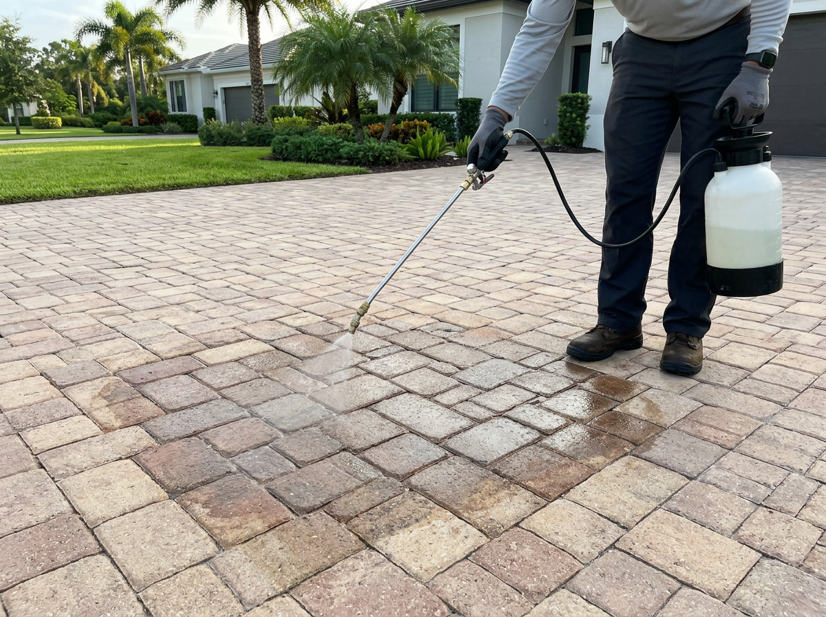 A person in work clothes uses a pump sprayer to apply a liquid sealant to a brick paver driveway, making the pavers look wet. A house and palm trees are in the background. Driveway Paver Sealing Application