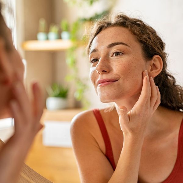 woman looking at skin in mirror