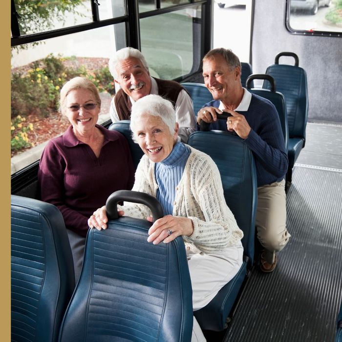 group of seniors riding a shuttle bus