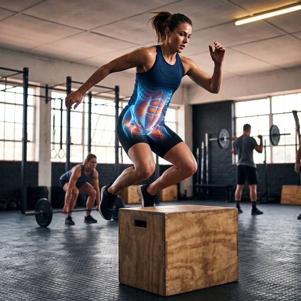 An athlete performing an explosive jump demonstrating peak pelvic floor and core muscle activation.