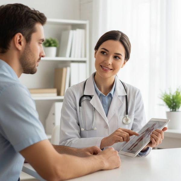 A female doctor in a white lab coat uses a tablet to show a male patient anatomical diagrams in a clean, well-lit consultation room.