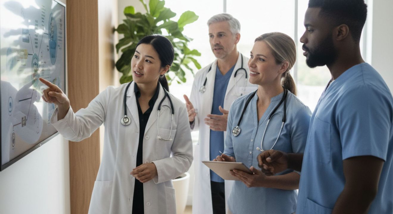 A team of diverse healthcare professionals discusses medical information displayed on a large screen in a bright, modern office.