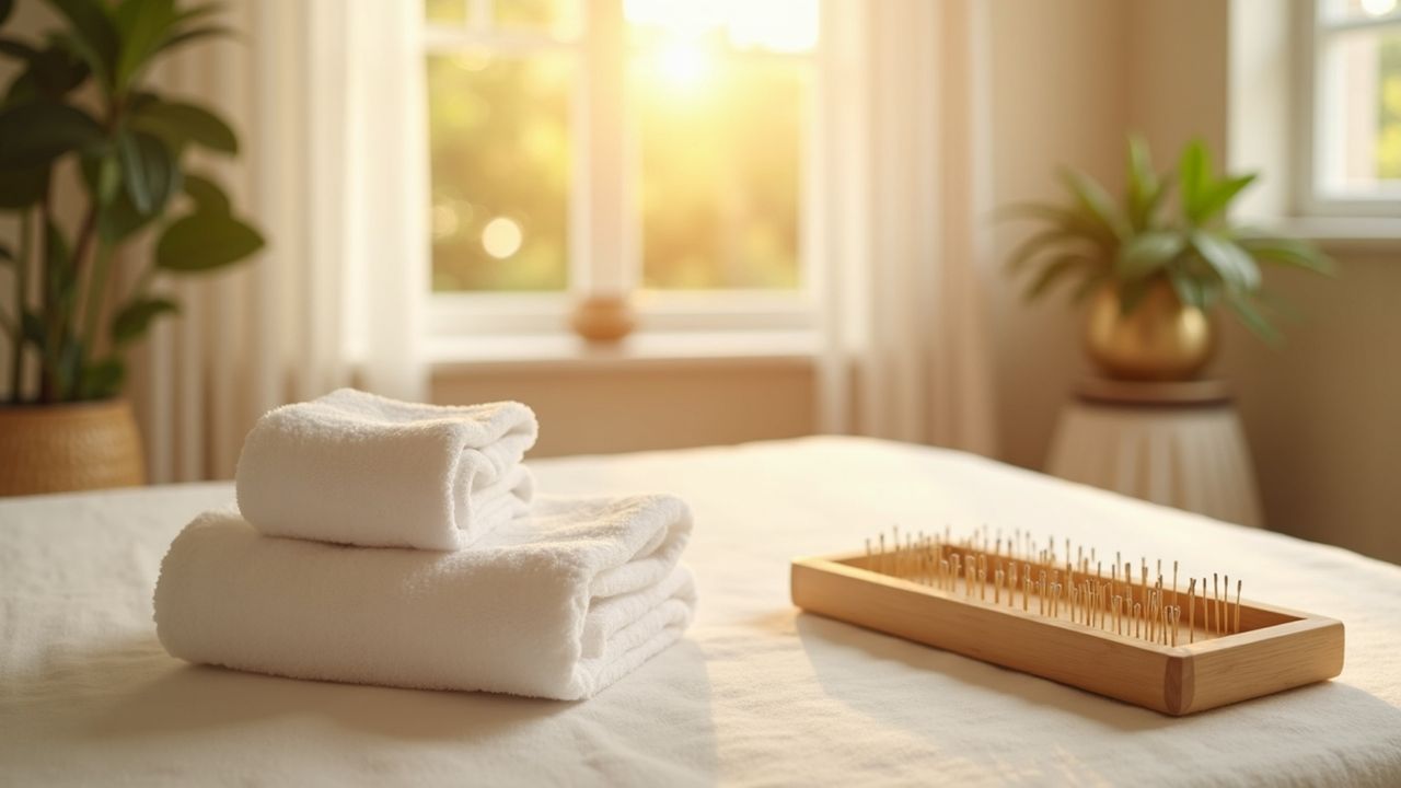 A tranquil and professional acupuncture treatment room featuring a sunlit wooden table prepared for a session.