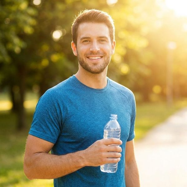 A healthy man smiles while holding a glass of water outdoors in natural sunlight.