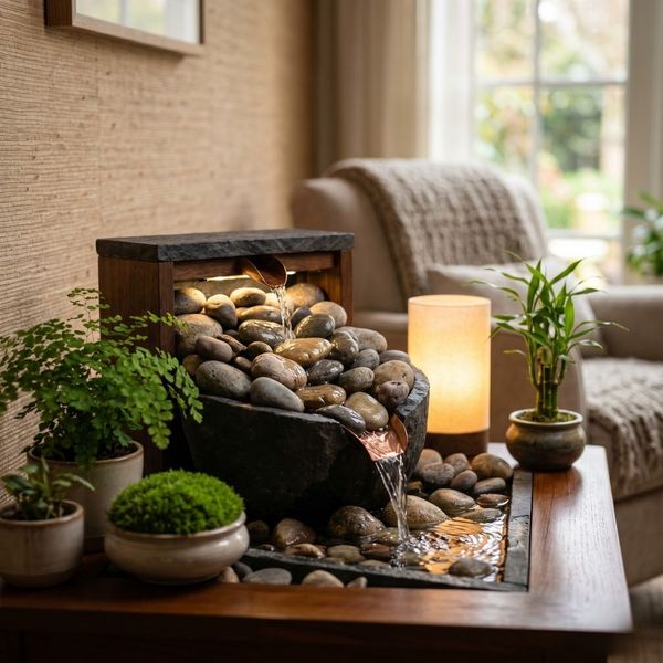 A tranquil indoor water fountain flowing over river rocks, evoking deep relaxation and nervous system calm.