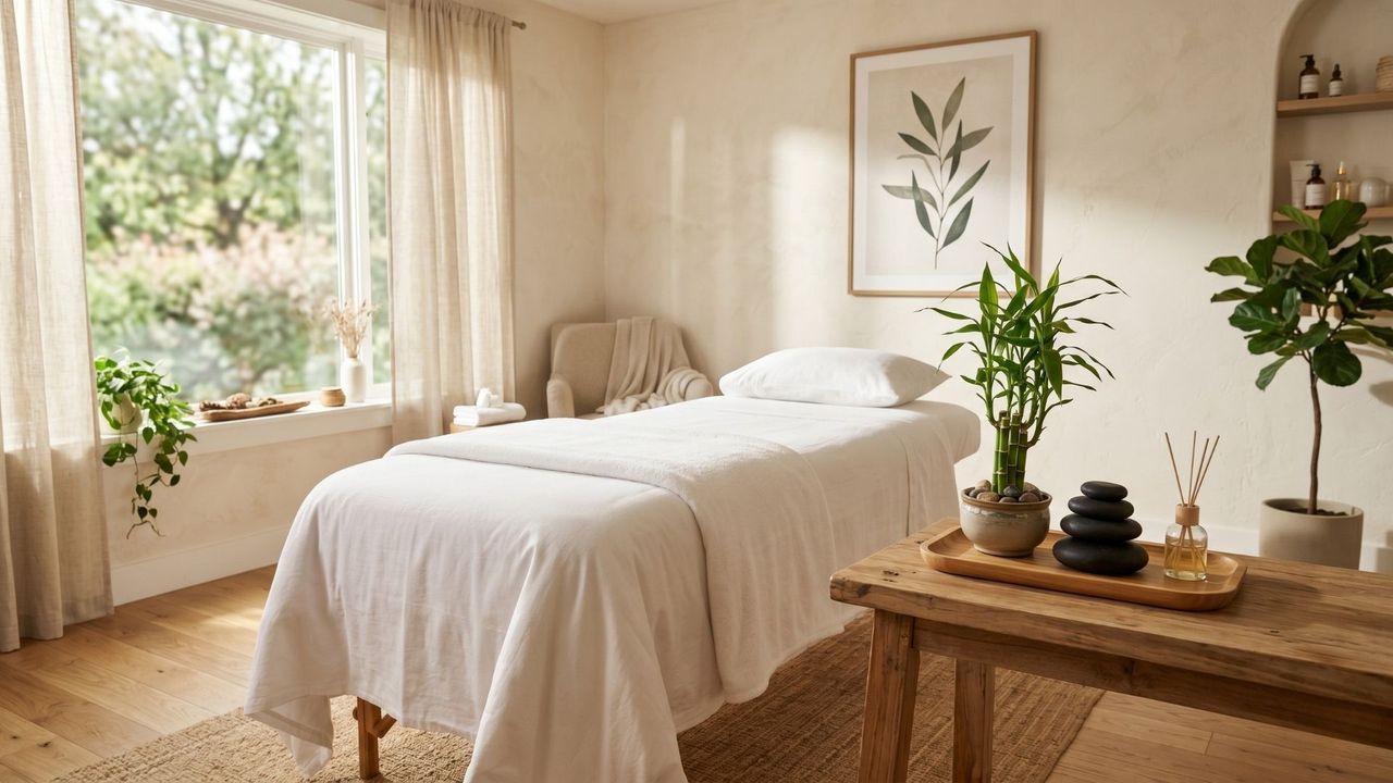 A peaceful wellness treatment room with a comfortable table and bamboo decor, representing holistic health.