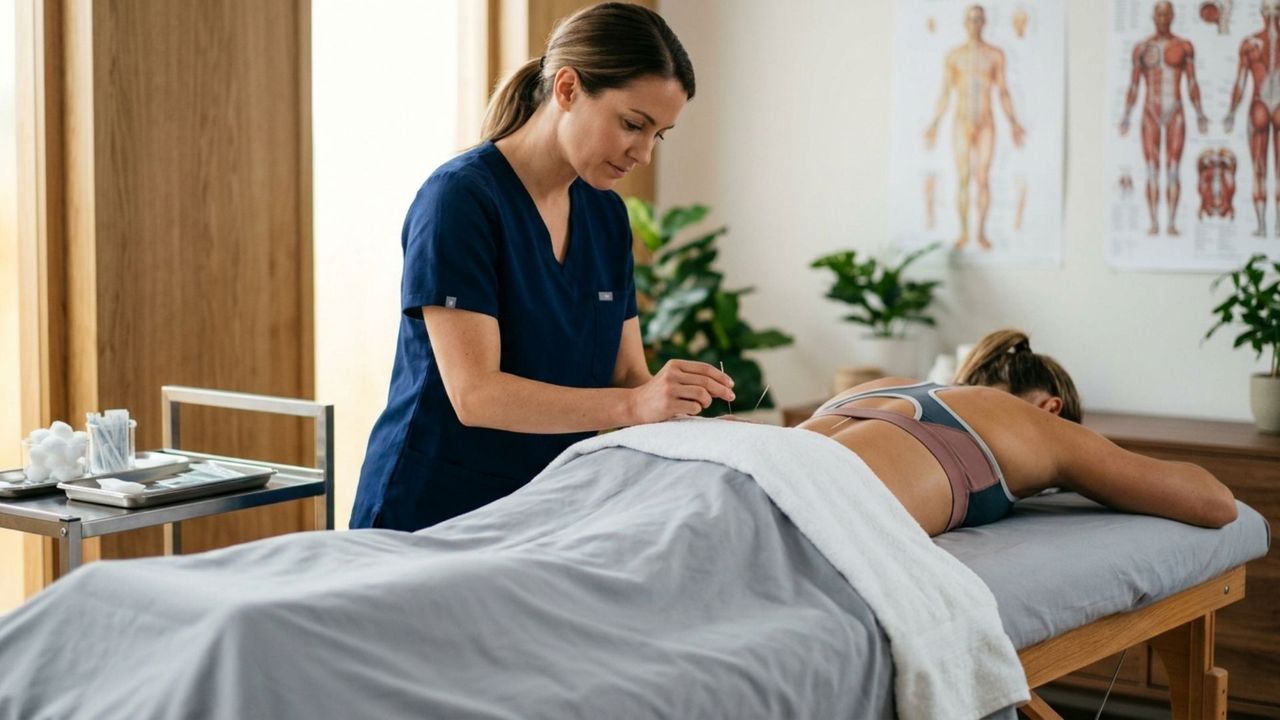 A professional acupuncture session at The Emperor's Medicine in Naperville, focusing on the pelvic and core regions for athletic recovery.