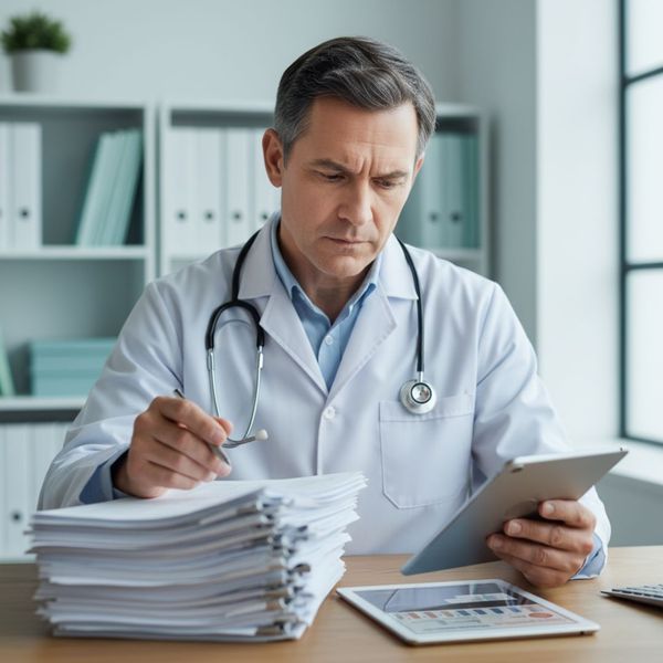 A focused male doctor reviews a stack of patient files while holding a tablet in a well-organized office.