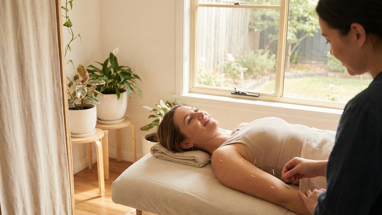 A person smiling while receiving acupuncture A person smiling while receiving acupuncture