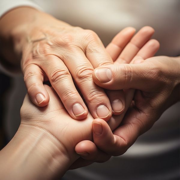 A close-up of two hands gently holding, conveying support and care.