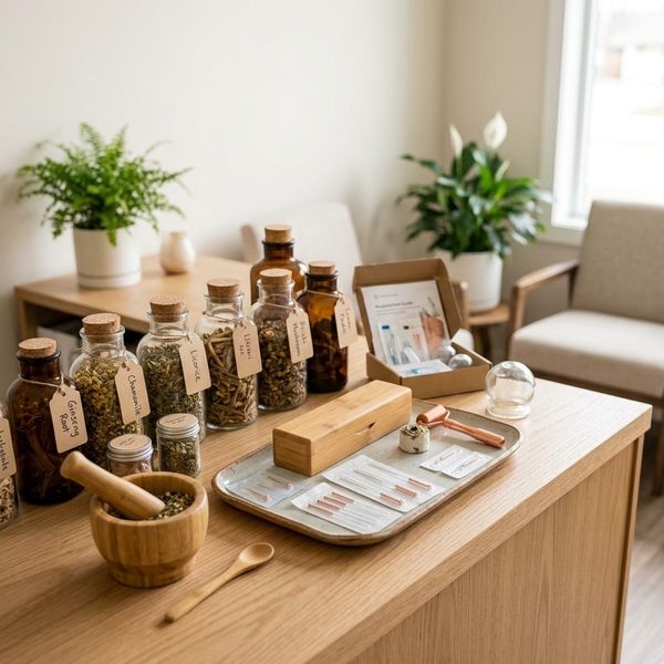 Traditional Chinese herbal medicine and acupuncture tools on display.