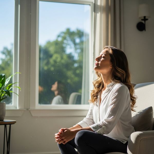 A young woman sitting peacefully by a large window in a bright, airy room, eyes closed with a calm and focused expression