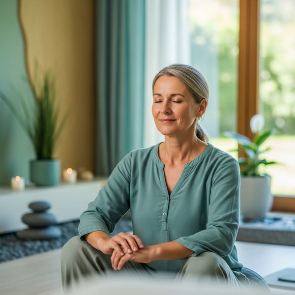 A middle-aged person sitting comfortably in a peaceful wellness center, a look of relief and calm on their face