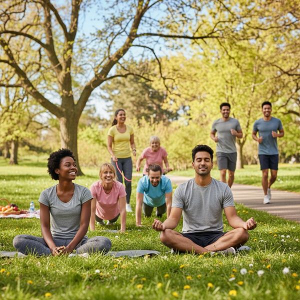A diverse group of individuals enjoys various healthy activities like yoga, push-ups, and jogging in a sunny park.