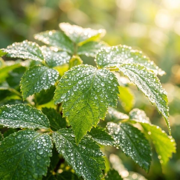 Vibrant green leaves with fresh morning dew drops glistening in the sunlight, symbolizing natural renewal.
