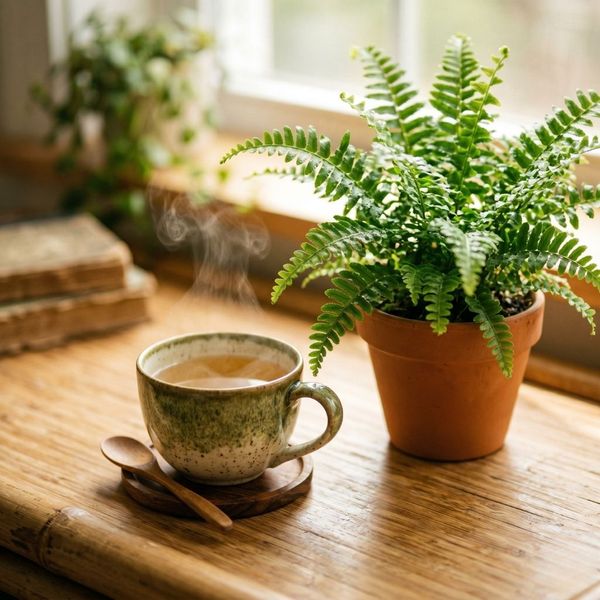 A steaming cup of herbal tea next to a fresh green fern, representing natural vitality and inner wellness.