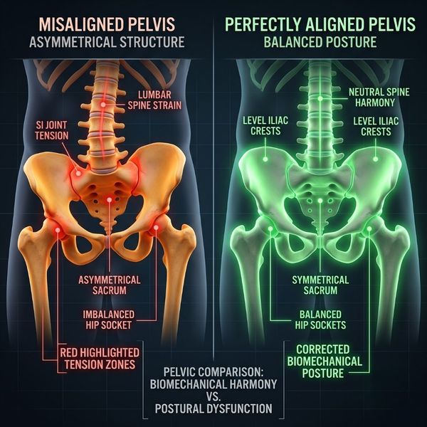 A 3D visualization comparing an unbalanced, tense pelvis to a healthy, aligned pelvic structure.