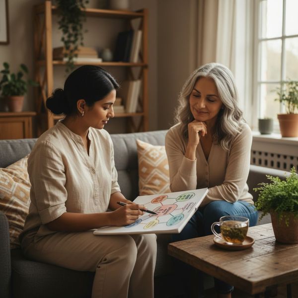 A healthcare professional points to a diagram while discussing health with a smiling patient on a comfortable sofa in a warm, inviting room.