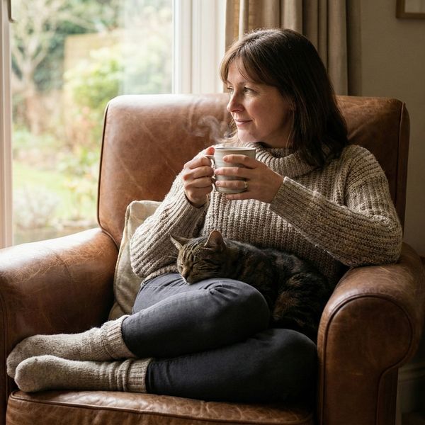 A person relaxing comfortably in a chair with a warm cup of tea