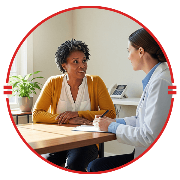 middle aged lady talking with doctor