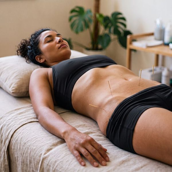 Targeted acupuncture needles placed on lower abdominal points to release core and pelvic tension.