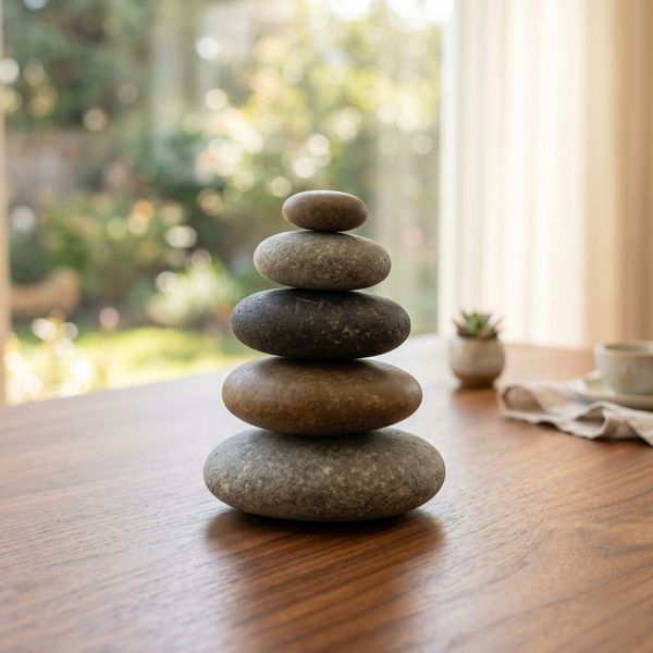 A perfectly balanced stack of smooth Zen stones on a wooden table, symbolizing harmony and stability.