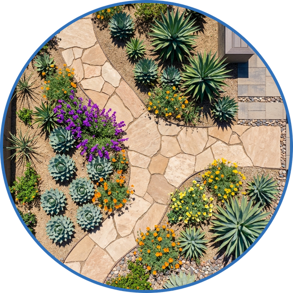 Modern backyard landscape design with flagstone path and agave.